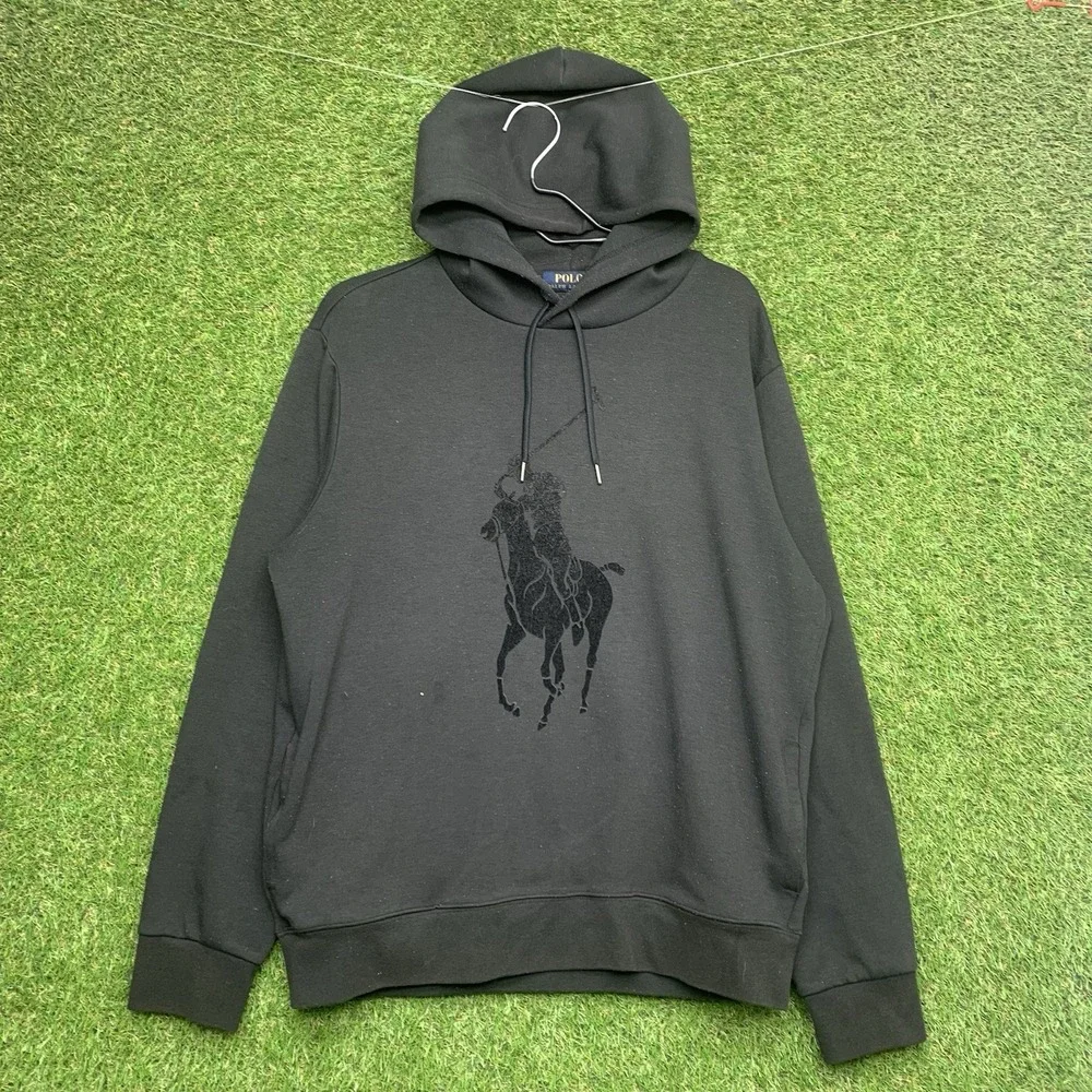 Polo Ralph Lauren Hoodie Mens Large Black Big Pony Sweatshirt Performance y2k